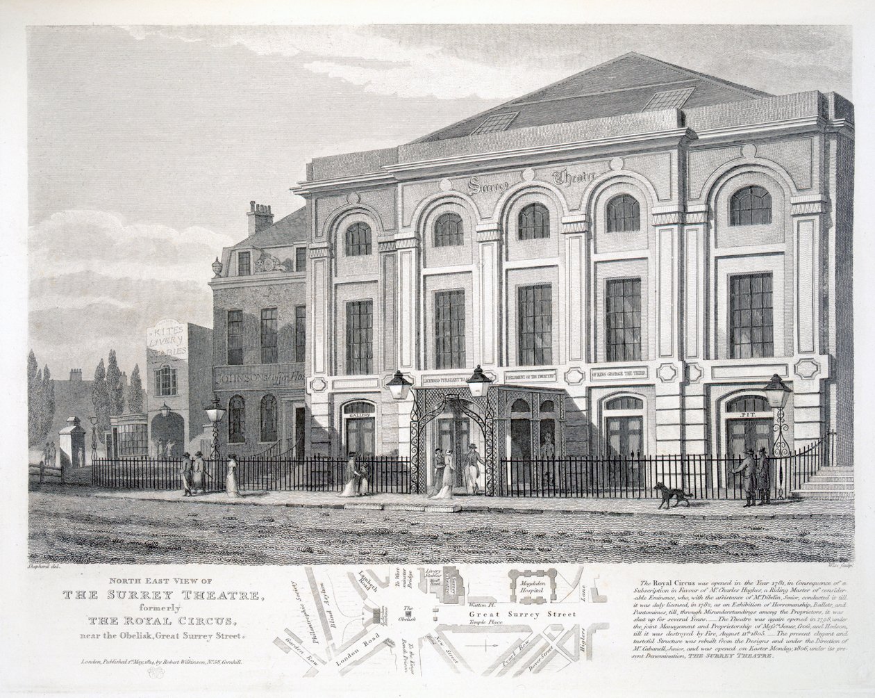 Severovýchodní pohled na divadlo Surrey, dříve The Royal Circus, poblíž obelisku, Great Surrey Street, rytý William Wise (fl.1790-1818), hospoda. od Roberta Wilkinsona, Londýn od George Shepherd
