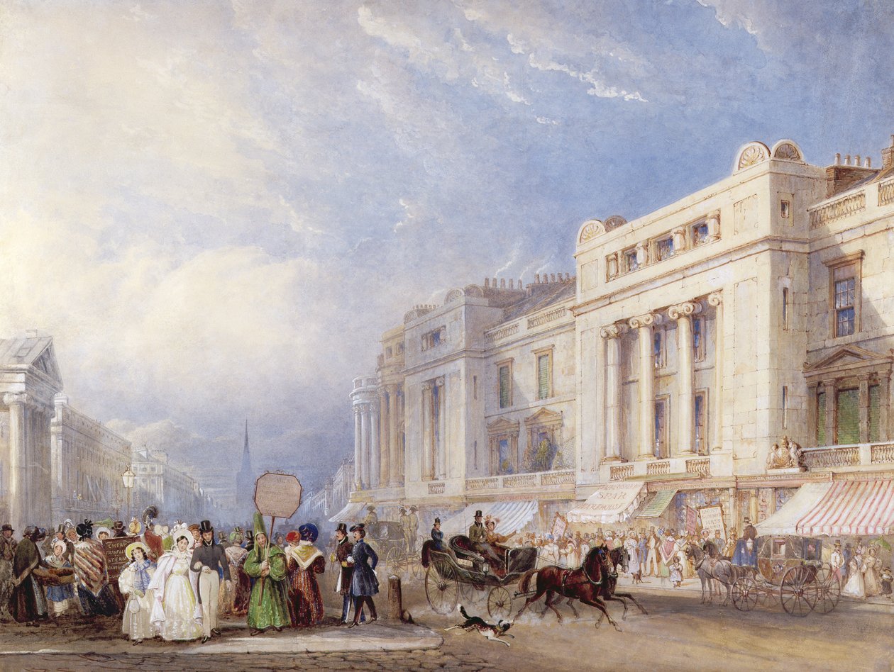 Regent Street, Londýn, při pohledu na sever, s Dickinsem a Jonesem napravo a Hannoverskou kaplí nalevo, 1835 (wc a kvaš přes tužku) od George Shepherd