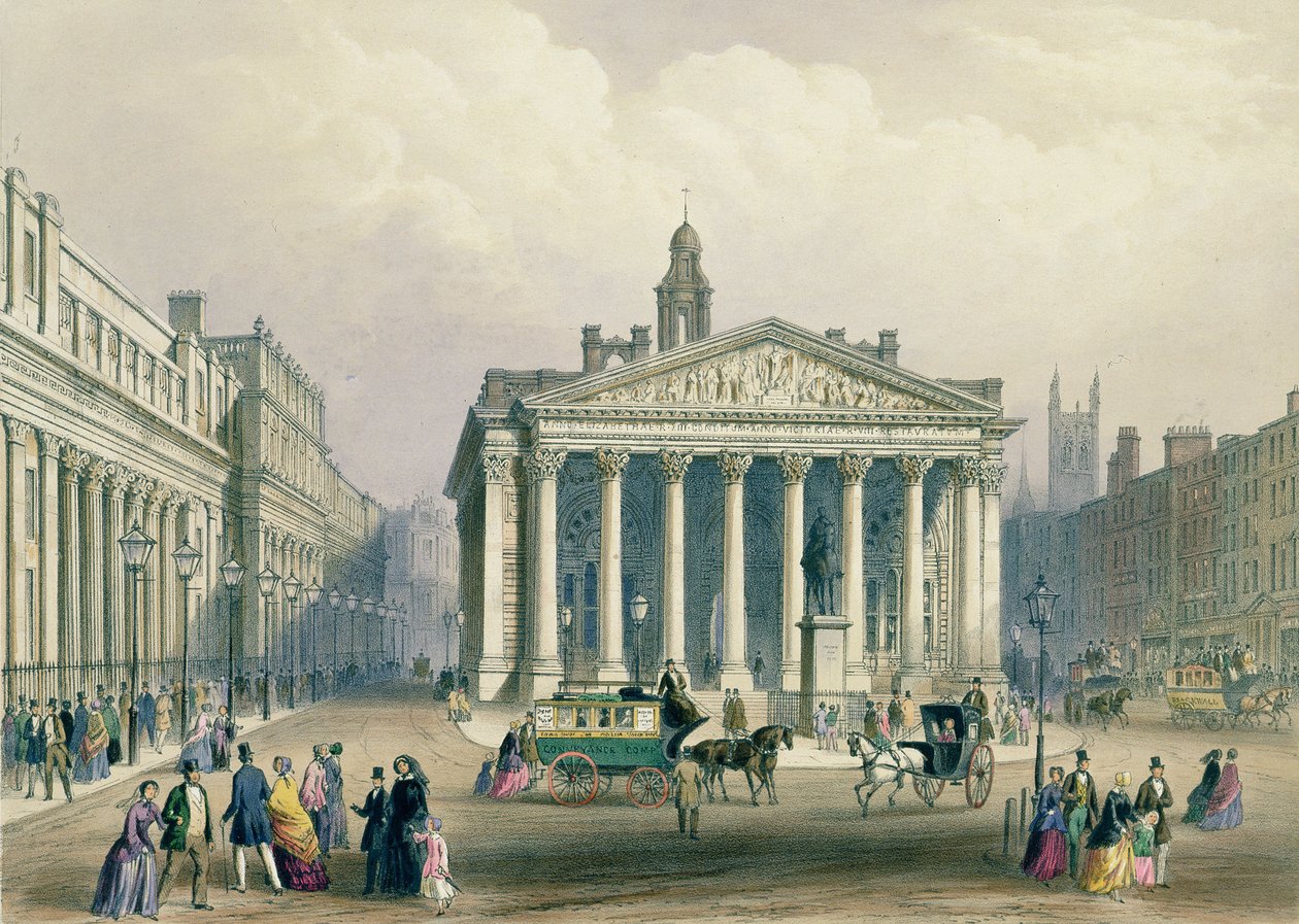 The Royal Exchange and Bank of England, litografie T. Picken, tisk Day und Son., vydal Rudolph Ackerman, 1851 od George Shepherd