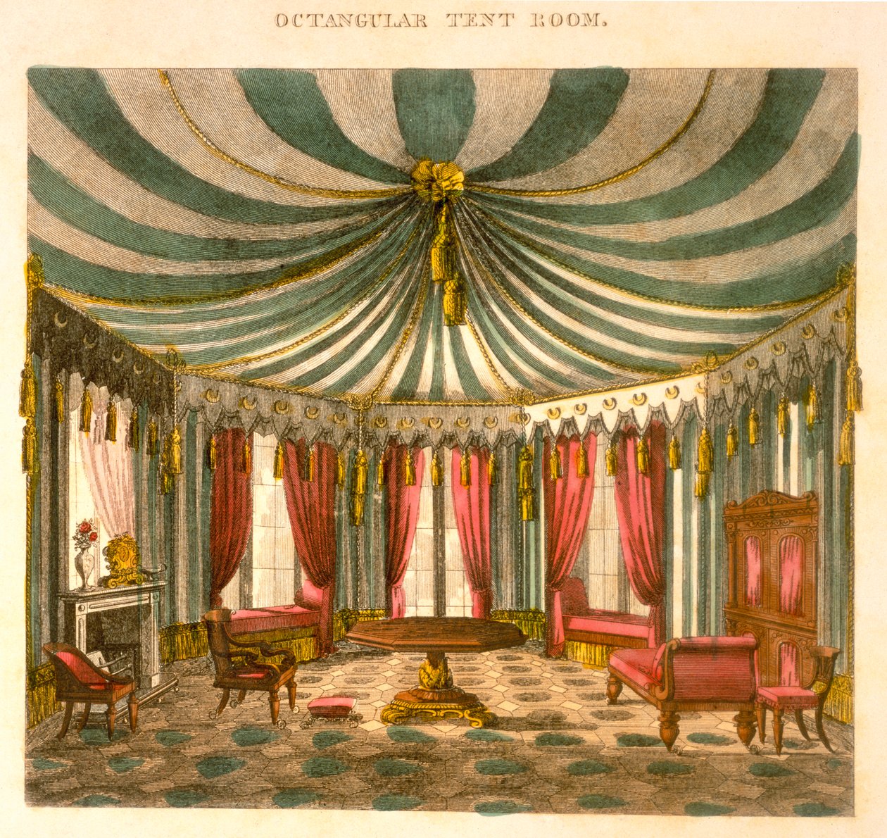 Osmihranná stanová místnost, z Příručky truhlářů a čalouníků, je to kompletní kniha kreslení, Pub Jones und Co, Smith, George (1783-1869), 1826, barevná rytina od George Smith