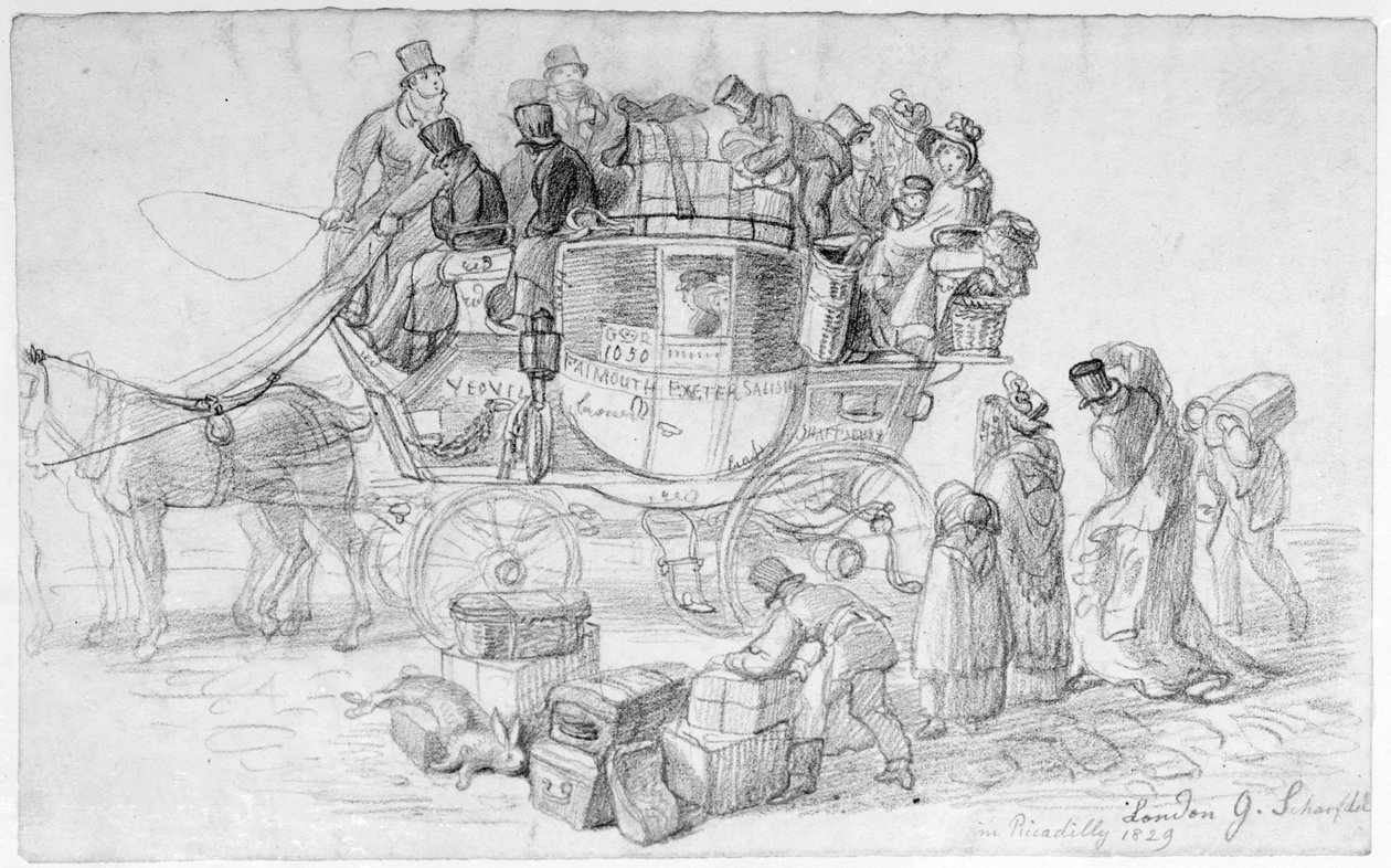 West Country Mail Coach opouštějící Piccadilly, 1829 od George Snr Scharf