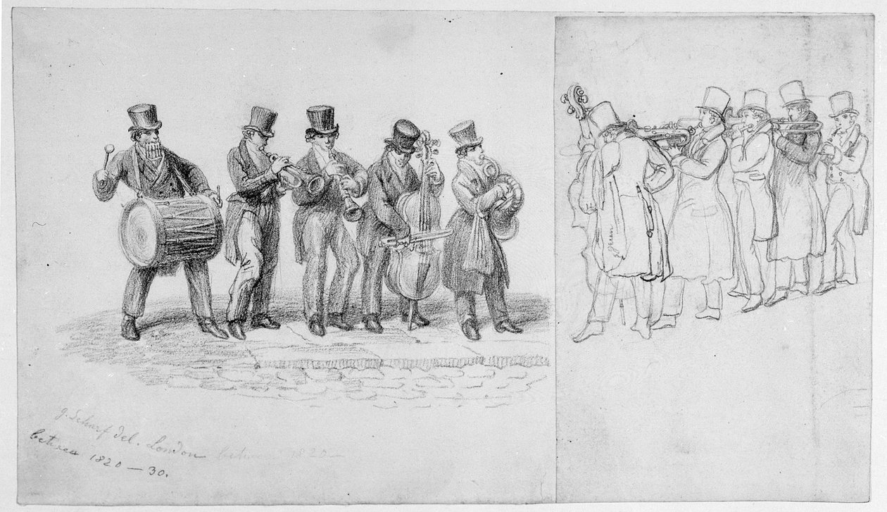 Londýnští pouliční hudebníci, kolem 1820-30 od George Snr Scharf