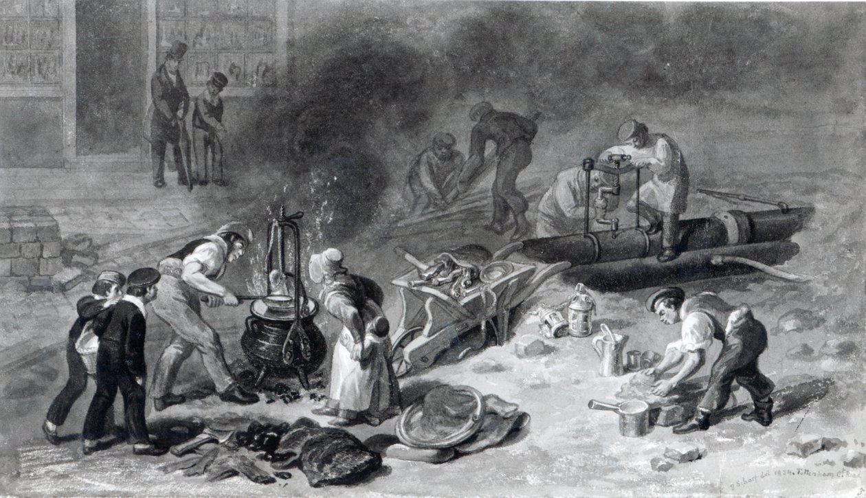 The Laying of the Water-Main v Tottenham Court Road, 1834 (akvarel na papíře) od George Snr Scharf