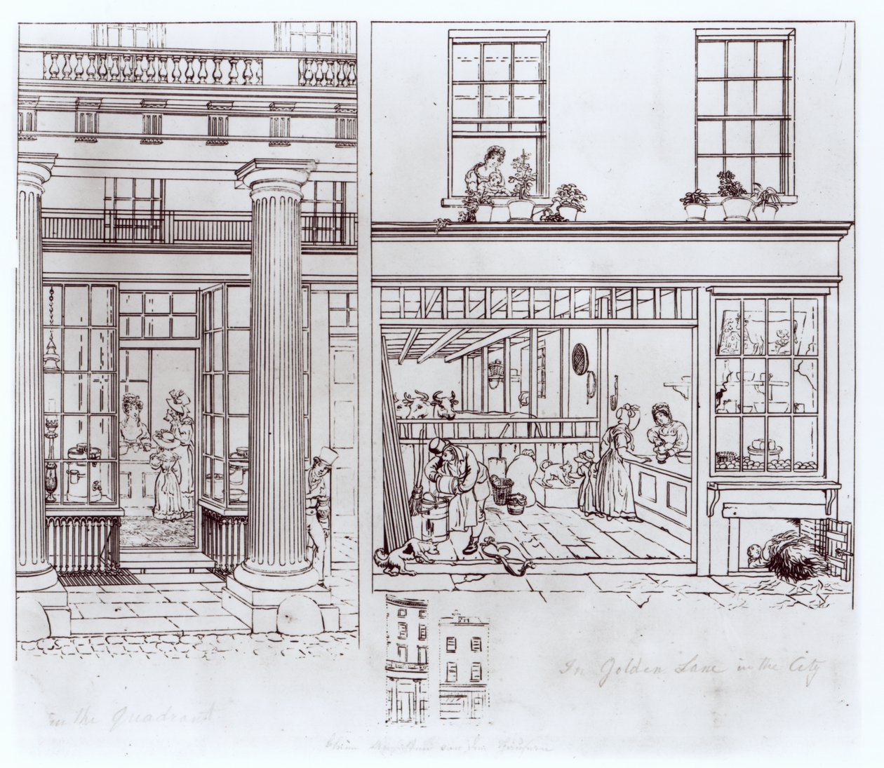 The Quadrant, Regent Street a Golden Lane, Londýn, cca 1829 (pero na papíře) od George Snr Scharf