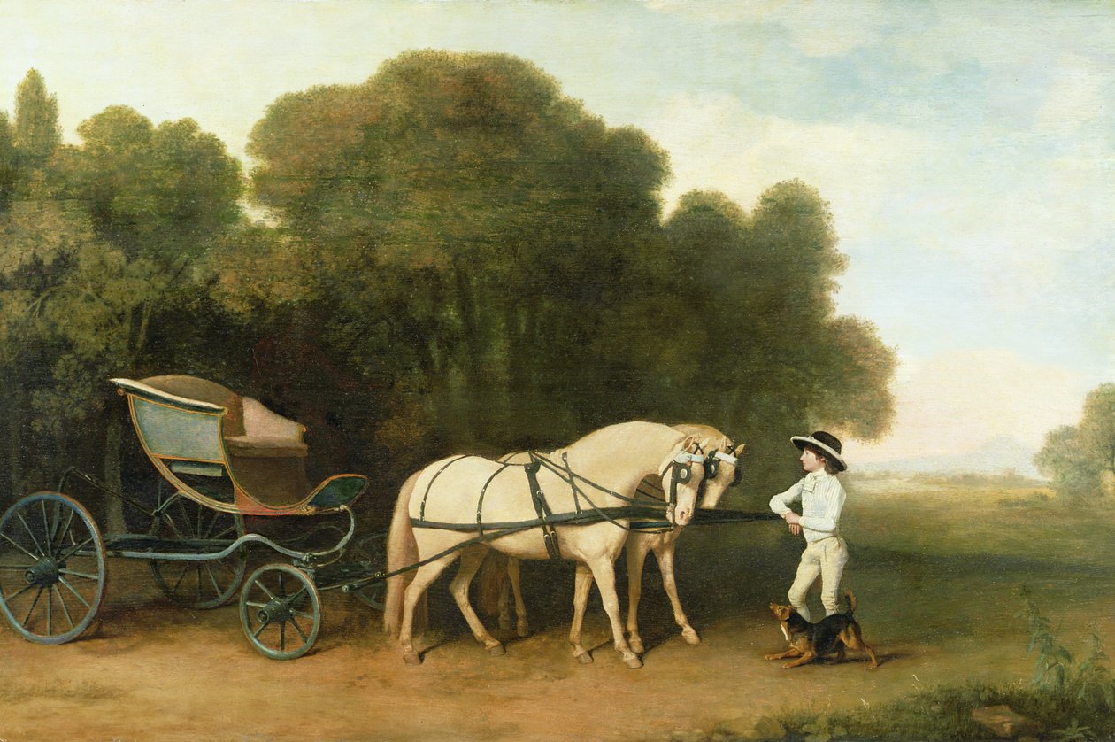 Phaeton s párem krémových poníků ve vedení stájového mladíka, kolem 1780-5 od George Stubbs