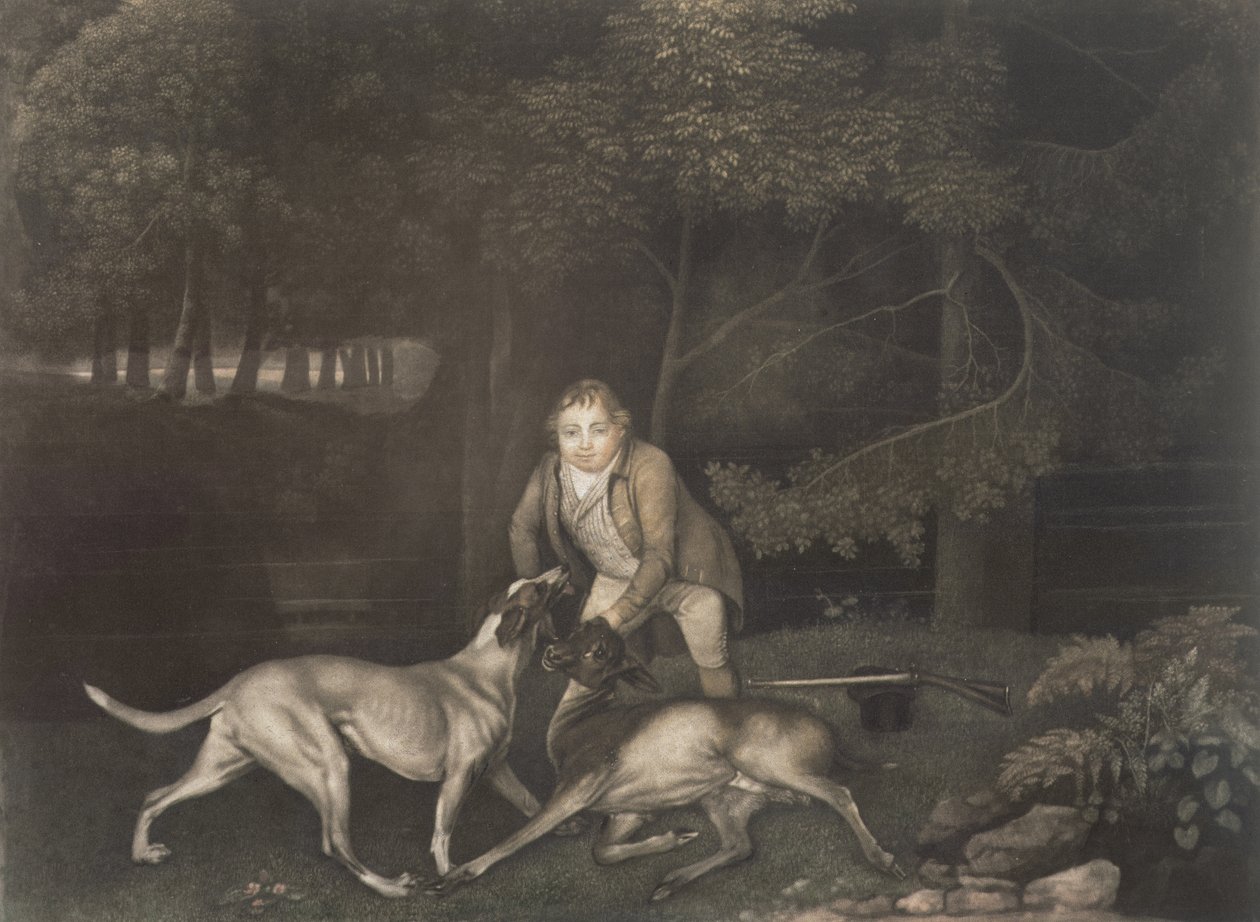 Freeman, strážce hraběte z Clarendonu, se psem a zraněnou laní, 1804 (mezzotinta) od George Stubbs
