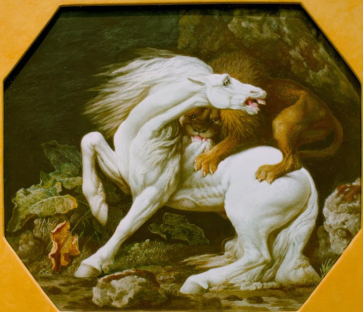 Lev útočí na koně od George Stubbs