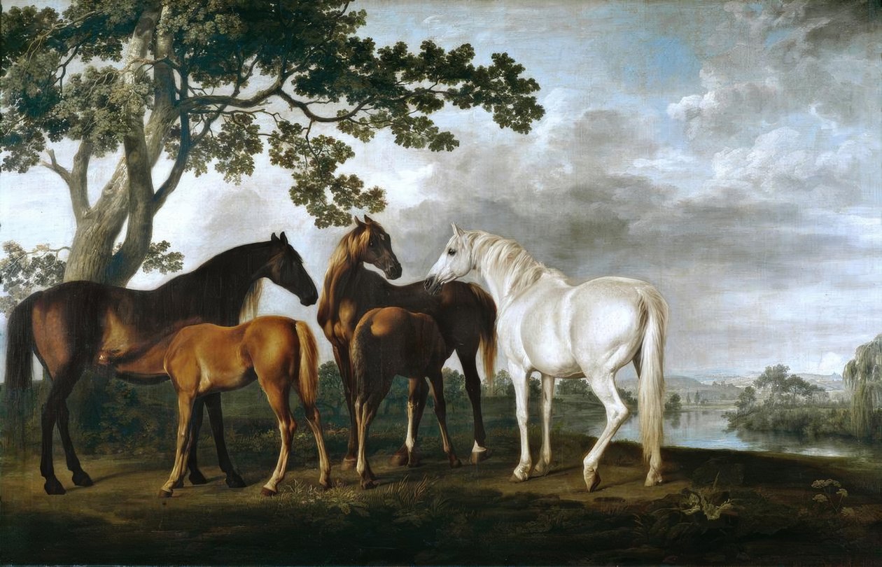 Klisny a hříbata v říční krajině od George Stubbs