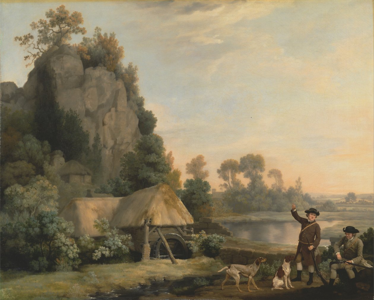 Dva pánové se chystají střílet s pohledem na Creswell Crags, pořízená na místě od George Stubbs