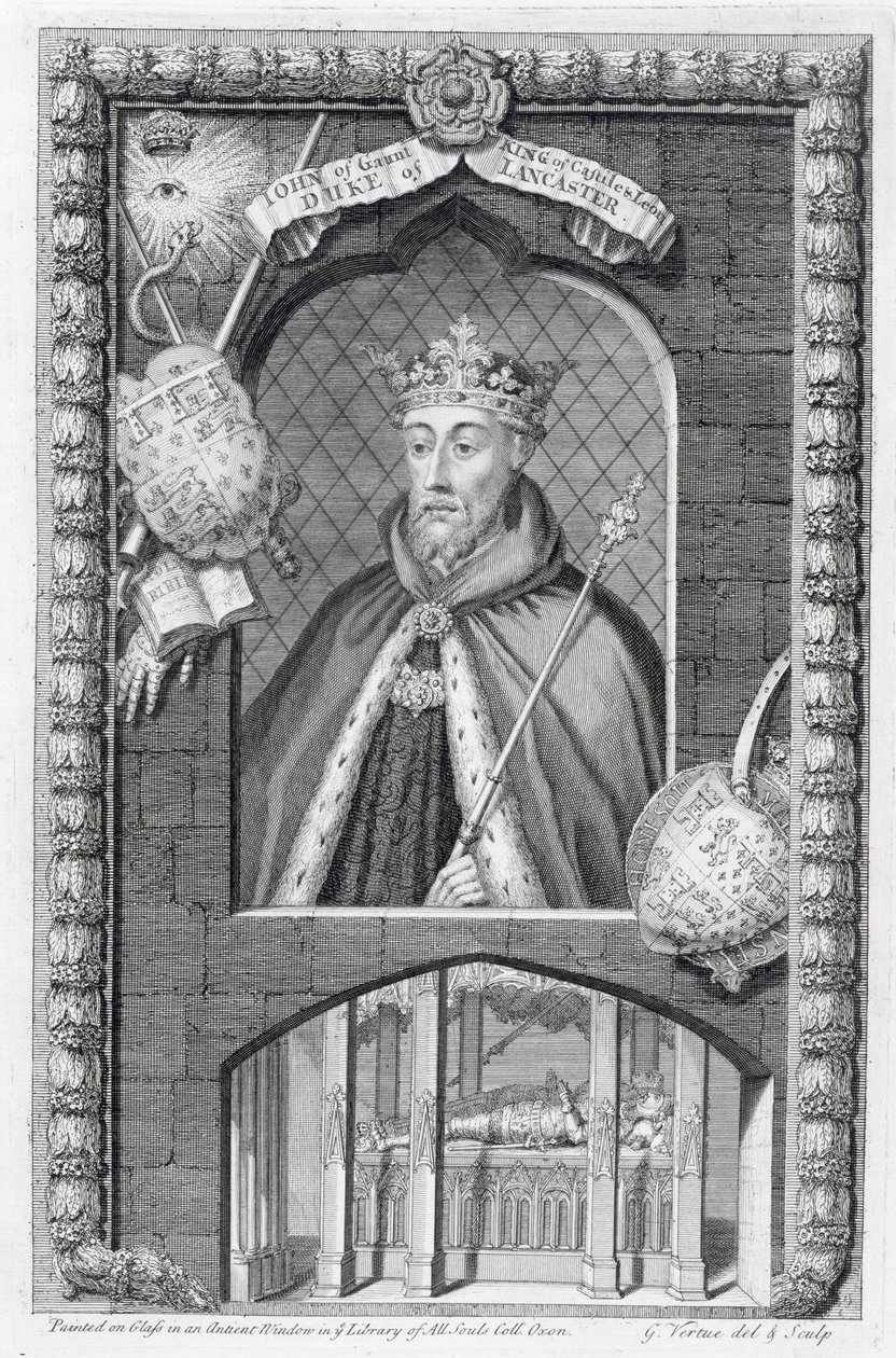 John z Gauntu, vévoda z Lancasteru (1340-99) podle malby na skle v Library of All Souls College v Oxfordu, vyryté umělcem od George Vertue