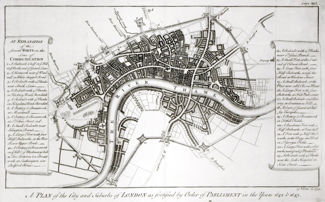 Londýnské opevnění v letech 1642 a 1643, 1738 od George Vertue