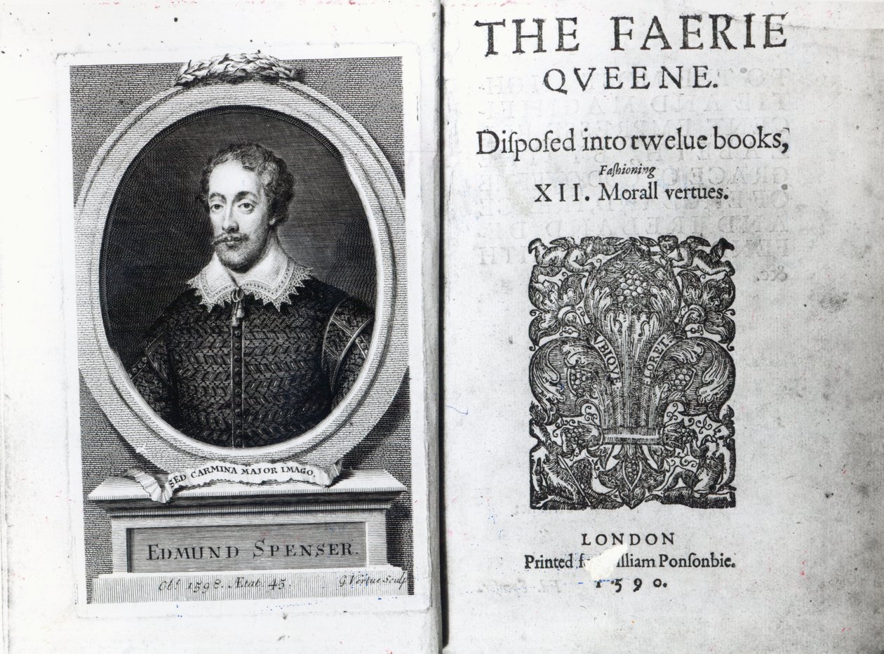 Portrét Edmunda Spensera a frontispis jeho básně "Královna víl", původně vydané v roce 1590. od George Vertue