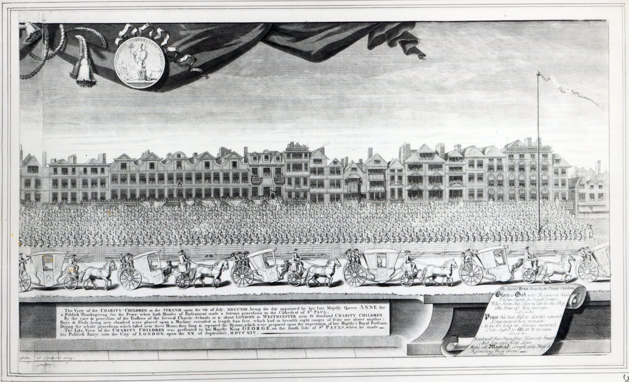 Pohled na charitativní děti v Strand, 7. července 1713, tisk z roku 1715 od George Vertue