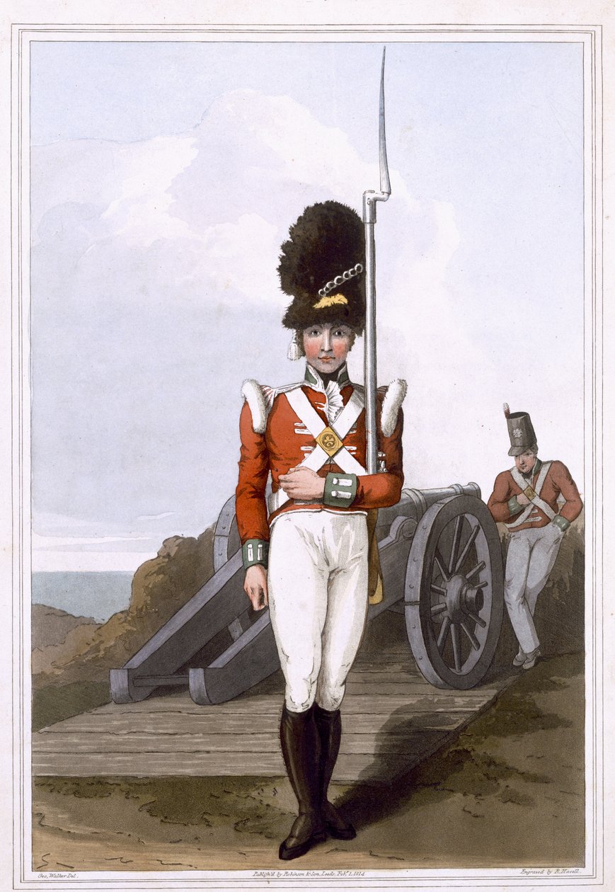 Grenadýr první západoirské milice, vyryl Robert Havell starší, vydalo nakladatelství Robinson and Son , Leeds, 1814. od George Walker