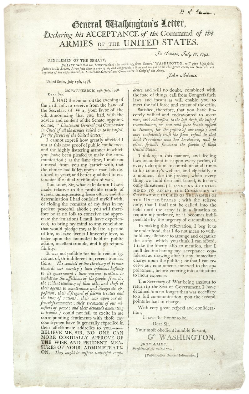 Dopis generála Washingtona, kterým prohlašuje, že přijímá velení, 18. července 1798 od George Washington