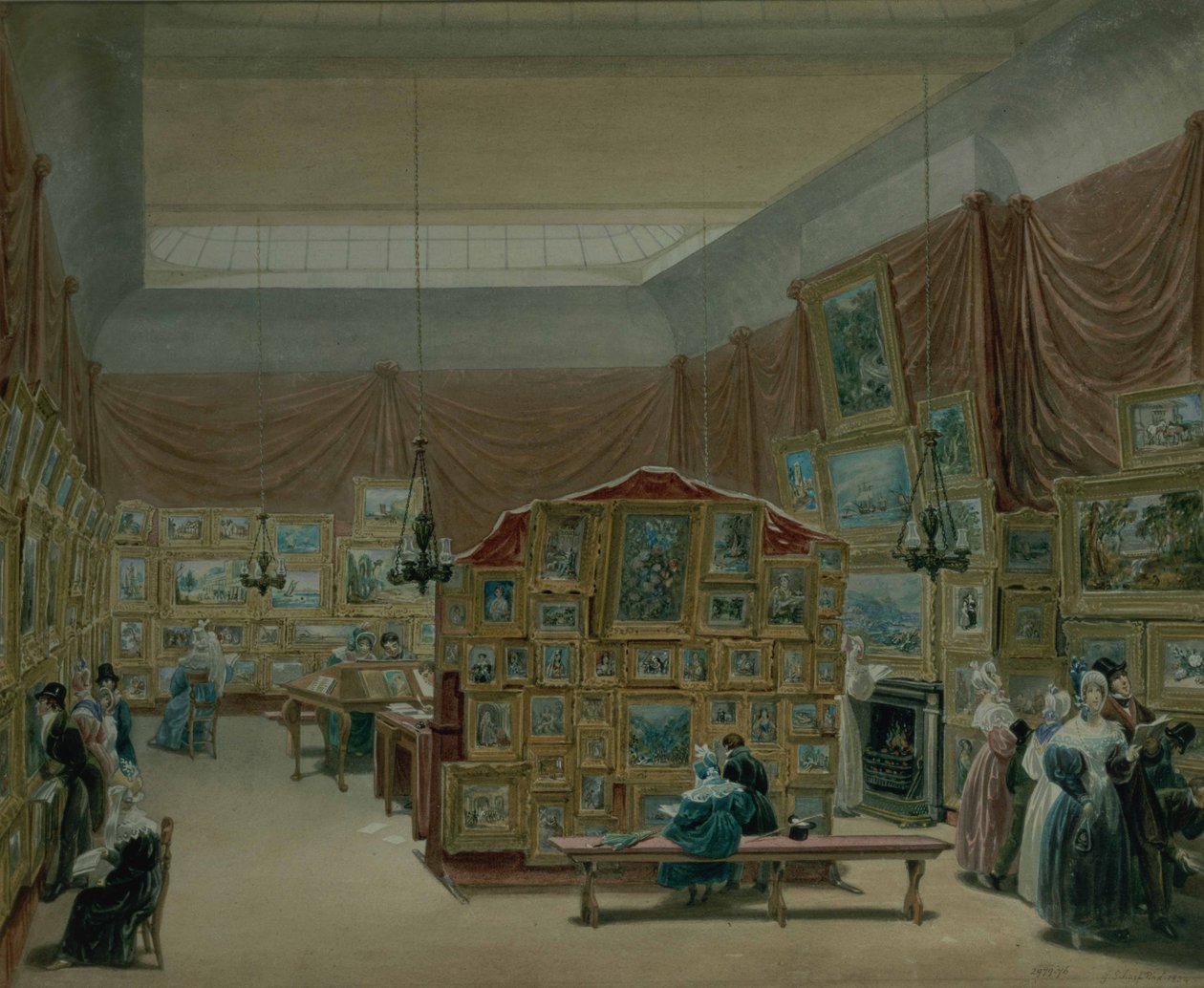 Interiér galerie Nové společnosti malířů akvarelů, Old Bond Street, 1834 od George the Elder Scharf