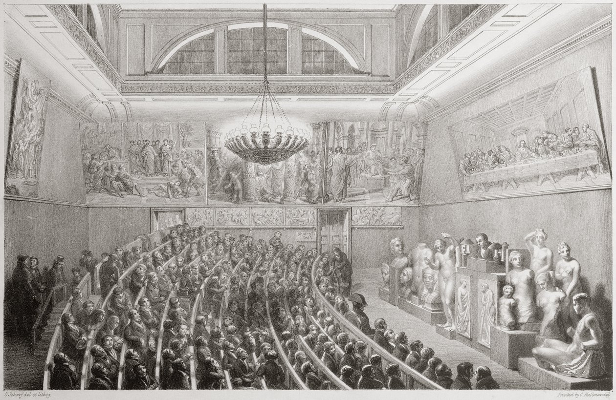 Sir Richard Westmacott (1775-1856) s přednáškou o sochařství na Royal Academy of Arts, Somerset House v roce 1830, 1830 od George the Elder Scharf