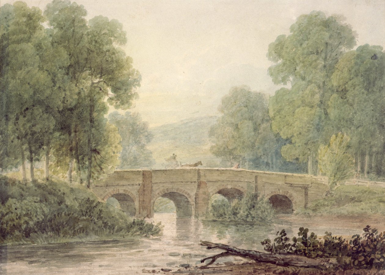 Dřevitá krajina s kamenným mostem přes řeku (akvarel) od George the Younger Barret