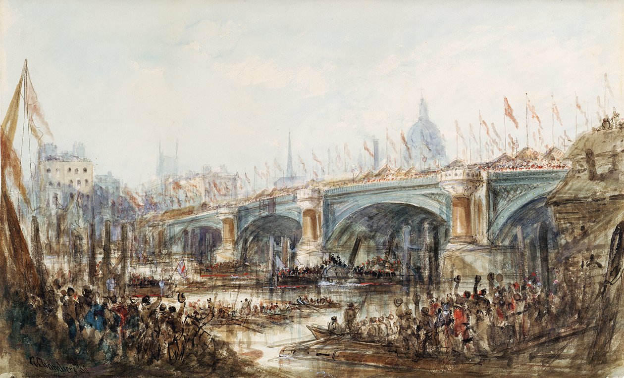 Pohled na otevření nového mostu Blackfriars královnou Viktorií (1819-1901) 6. listopadu 1869 od George the Younger Chambers