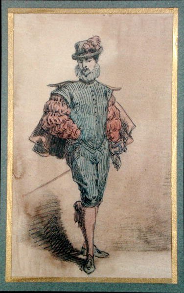 Mužská postava v historickém kostýmu (tužka, inkoust a akvarel na papíře) od George Sand