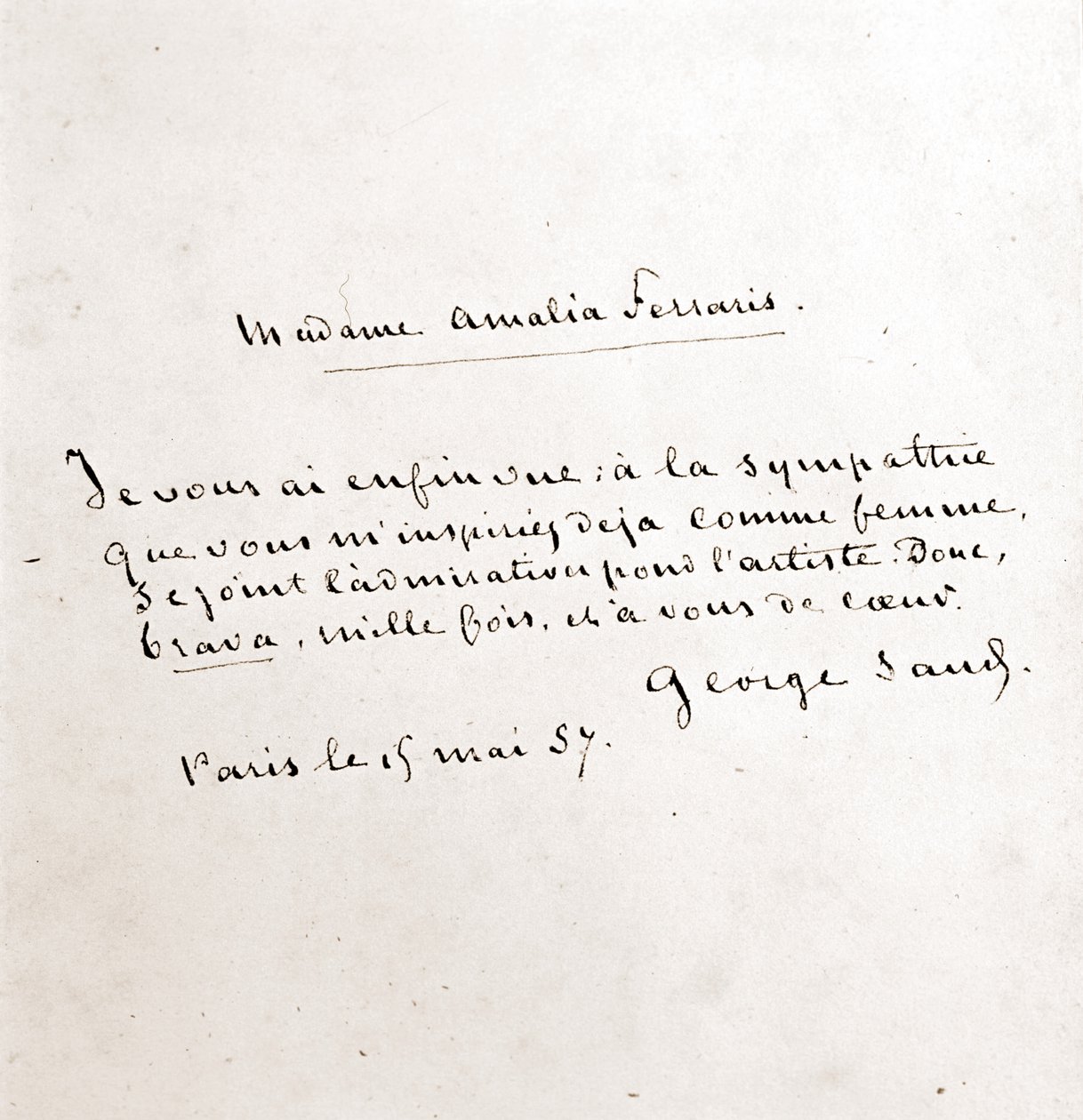 Dopis George Sandové (Aurore Dupin, Baronne Dudevant) (1804-1876) madame Amalia Ferraris, Paříž 19. března od George Sand