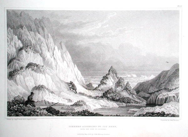 Ledovec přiléhající k ledovému útesu s výhledem na moře z „Vyprávění o cestě k břehům Polárního moře v letech 1819-22“ od Sira Johna Franklina (1786-1847), vyrytý Edwardem Findenem (1791-1857) vydáno 1823-28 (rytina) od George (after) Back