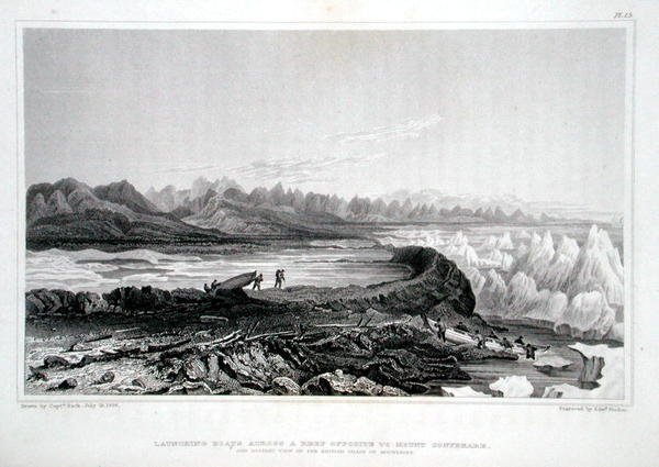 Spouštění člunů přes útes naproti Mount Conybeare, z „Příběhu o cestě k pobřeží Polárního moře v letech 1819-22“ od Sira Johna Franklina (1786-1847), vyryto Edwardem Findenem (1791-1857), publikováno 1823 -28 (barevné gravírování) od George (after) Back