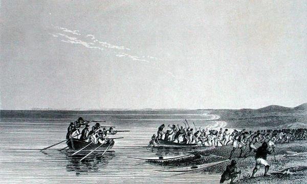 Lodě se vznášejí nad vodou, z „Vyprávění o druhé výpravě na pobřeží Polárního moře v letech 1825-27“ od Sira Johna Franklina (1786-1847), vyryto Edwardem Findenem (1791-1857), publikováno 1828 (rytina) od George (after) Back