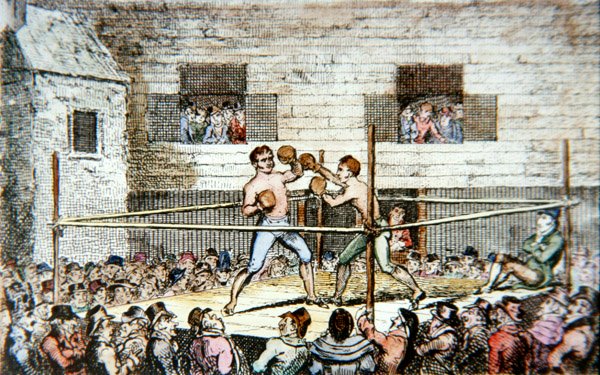 Sparring zápas na kurtu pro pětky v Londýně z tisku vydaného v roce 1812 (barevné lito) od George (after) Cruikshank
