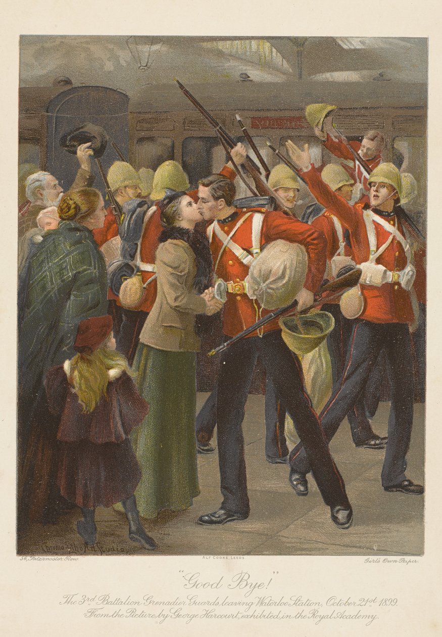 Ahoj! 3. prapor granátnických stráží opouštějících stanici Waterloo, 21. října 1899 (chromolitho) od George (after) Harcourt