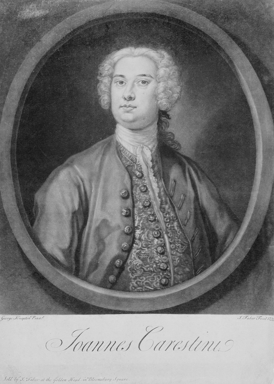 Portrét Joannes Carestini (asi 1705-1760), italský kastrát, vyryl John Faber (1684-1756) od George (after) Knapton
