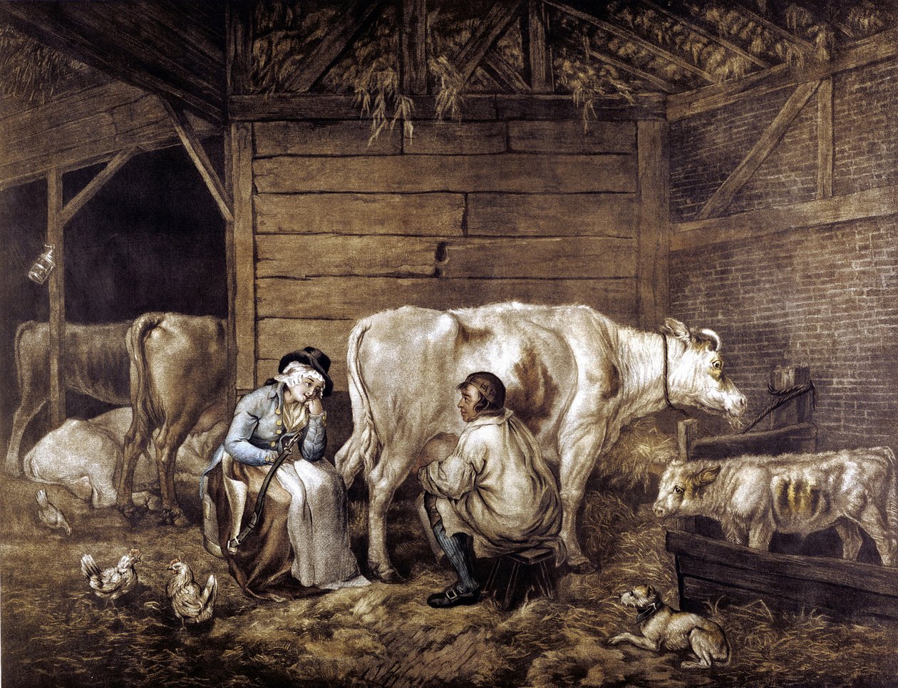Mezzotinta kravína podle George Morlanda (1763-1804), anglického umělce. Cowman dojí do kbelíku. Dojička čeká a drží jho, na kterém nesla kbelíky. Senník: Lucerna: slepice. Dojičky „hezké“, protože nebyly označeny neštovicemi jako kravské neštovice, dávaly od George (after) Morland