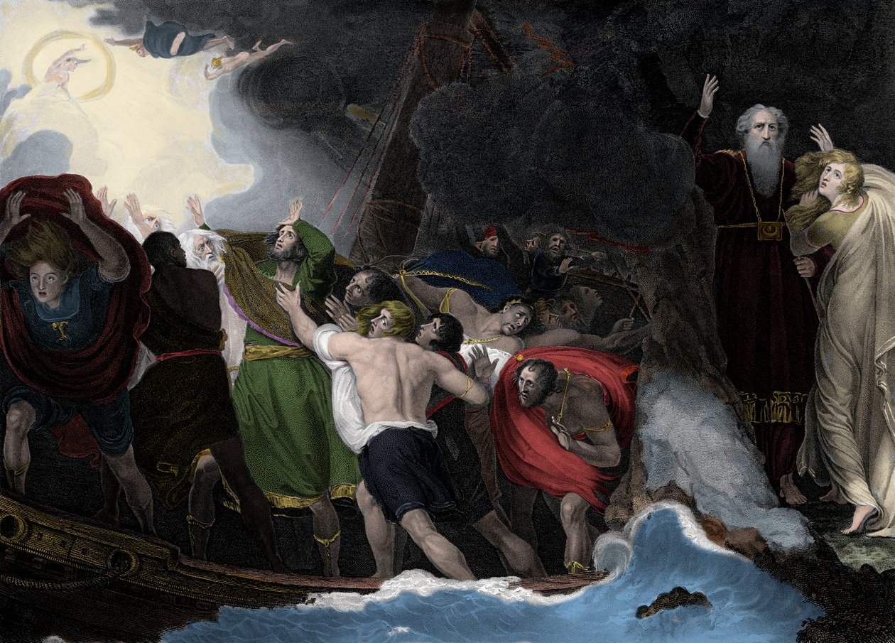 Prospero a Miranda, vpravo, stojící na ostrově, když námořníci ztroskotají od George (after) Romney
