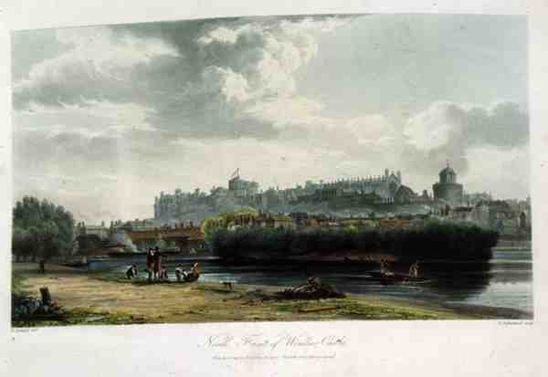 Severní průčelí Windsorského hradu, z knihy "Royal Residences", vyryl Thomas Sutherland (nar. 1785), vydal William Henry Pyne (1769-1843) od George (after) Samuel