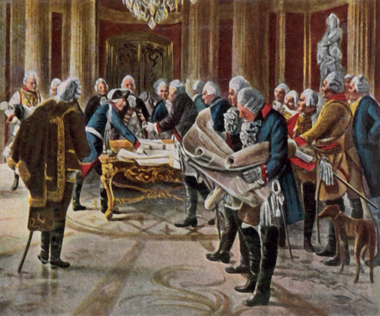 Fridrich Veliký na válečné poradě se svými generály, srpen 1756 (barevná litografie) od George (after) Schobel