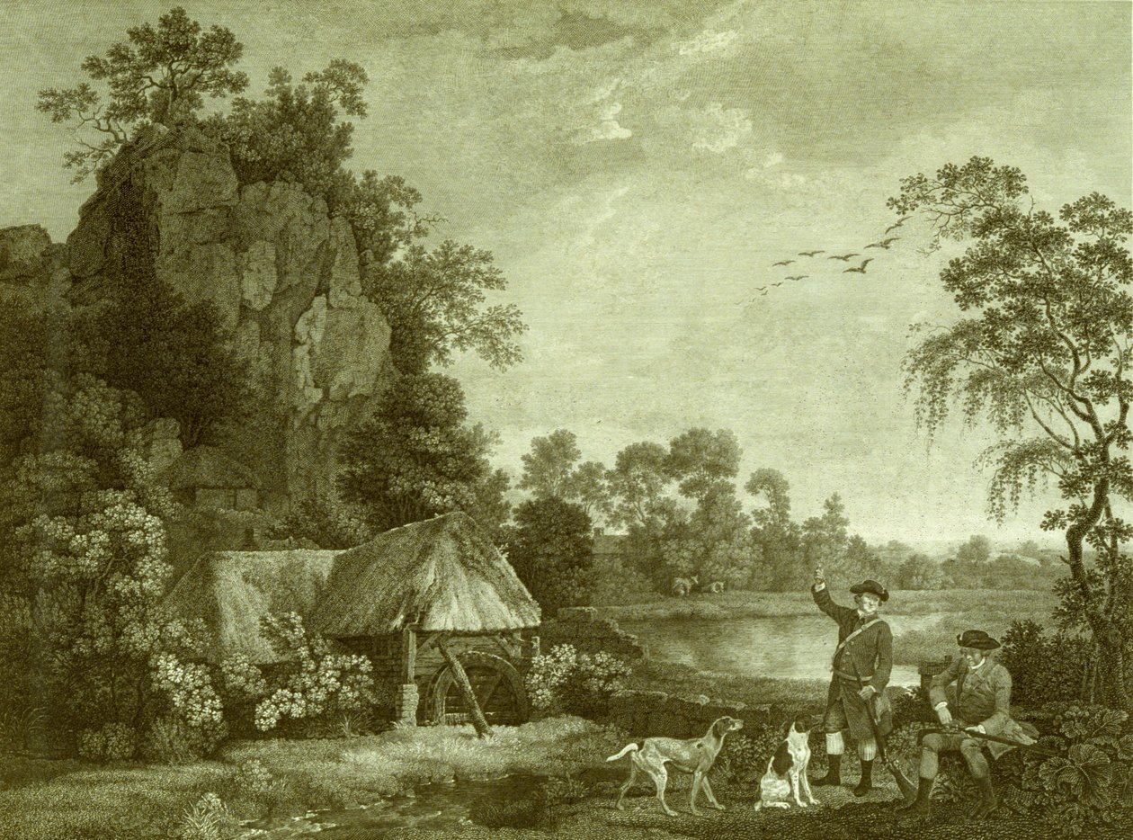 Dva pánové jdou střílet, s výhledem na Creswell Crags, pořízeno na místě, deska 1 (rytina) od George (after) Stubbs