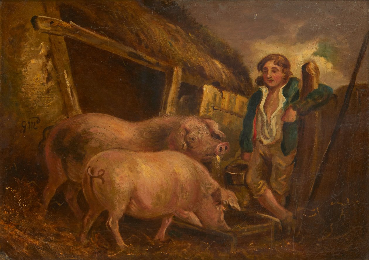 Tending the Prize Pigs (olej na palubě) od George (follower of) Morland