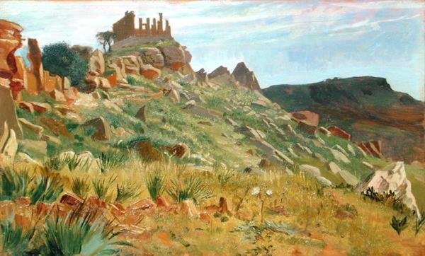 Chrám Juno Lacina, Agrigento, Sicílie (olej na panelu) od George 9th Earl of Carlisle Howard