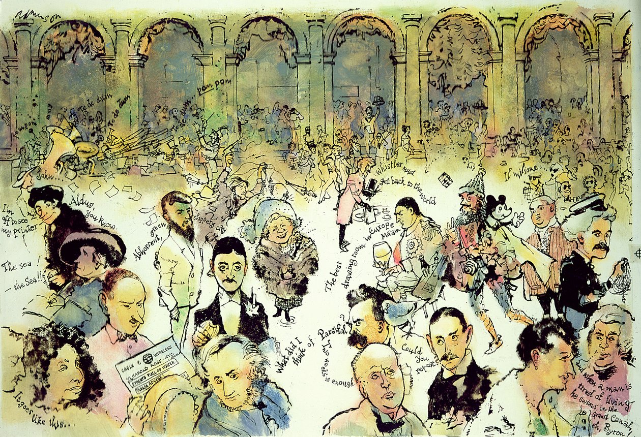 Famous Faces Outside Florians in Piazza San Marco, Venice, c.1990 (kvaš na sololitu s inkoustem na acetátovém překrytí) od George Adamson