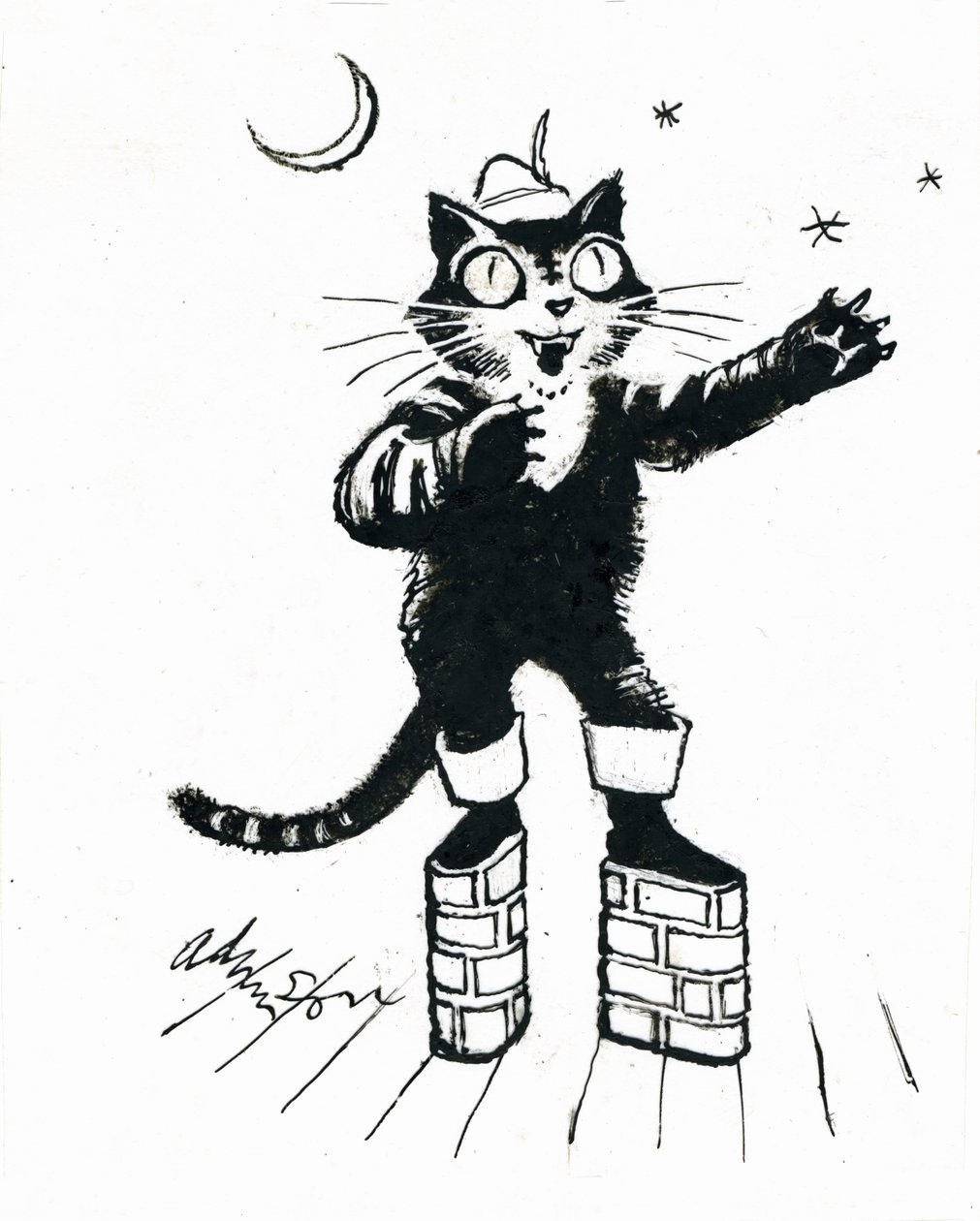 Puss in (platforma s cihlovou stěnou) boty (inkoust na průhledné fólii přes bílou kartu) od George Adamson