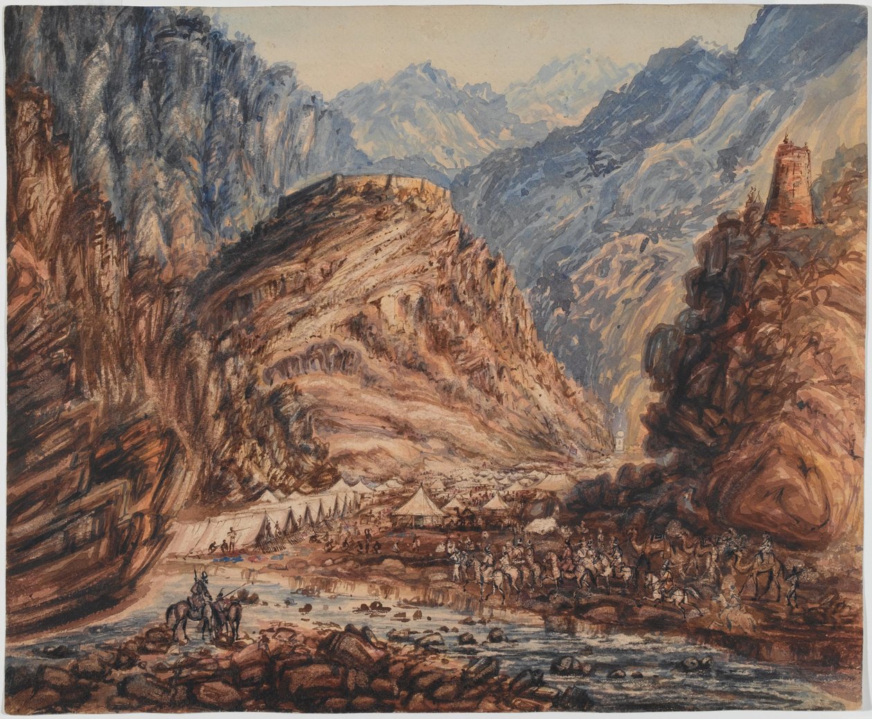 Pevnost Ali Musjeed, tábor Khyber Pass 4. brigády sil generálmajora Pollocka, duben 1842 (akvarel) od George Alfred Croly