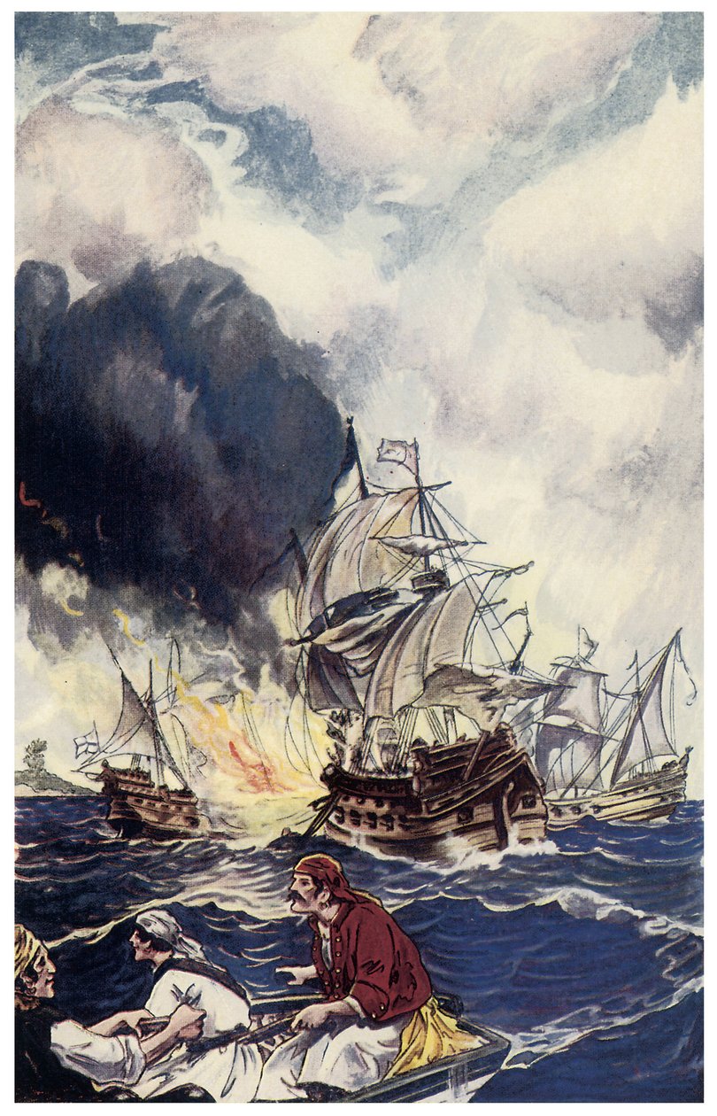 Brulotová nálož výbušnin vrhá na loď Ilustrace z „Piráti z Panamy aneb The Buccaneers of America““ od George Alberta Williamse (1875-1932) 1914 od George Alfred Williams