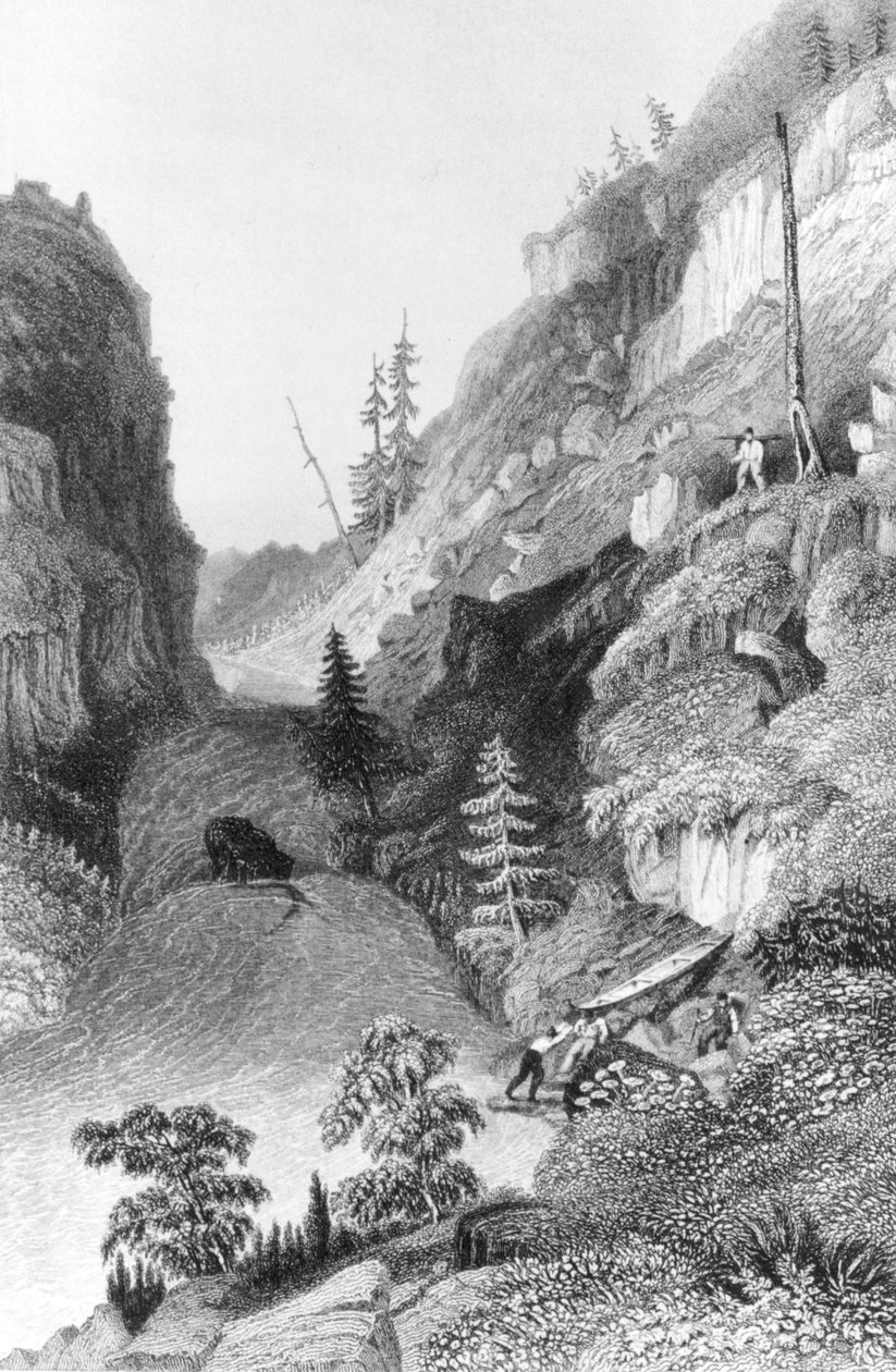 Překonávání řeky Hoarfrost, z knihy "Narrative of the Arctic Land Expedition to the Mouth of the Great Fish River", kterou vyryl Edward Finden (1791-1857) a která byla vydána v roce 1836. od George Back