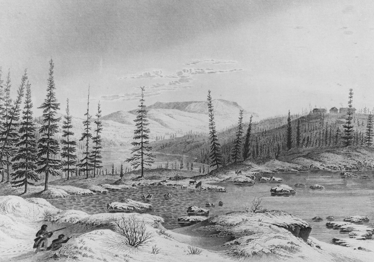 Lovci pronásledují karibu ve Fort Enterprise na Franklinově výpravě v roce 1821 od George Back