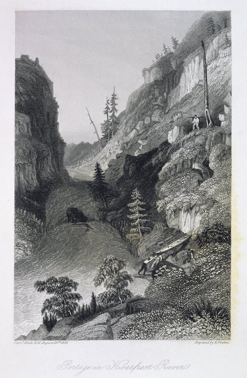 Portage in Hoarfrost River, 19. srpna 1833, z „Příběh expedice do arktické země k ústí Velké rybí řeky a podél břehů Severního ledového oceánu v letech 1833-35“, od Cap od George Back