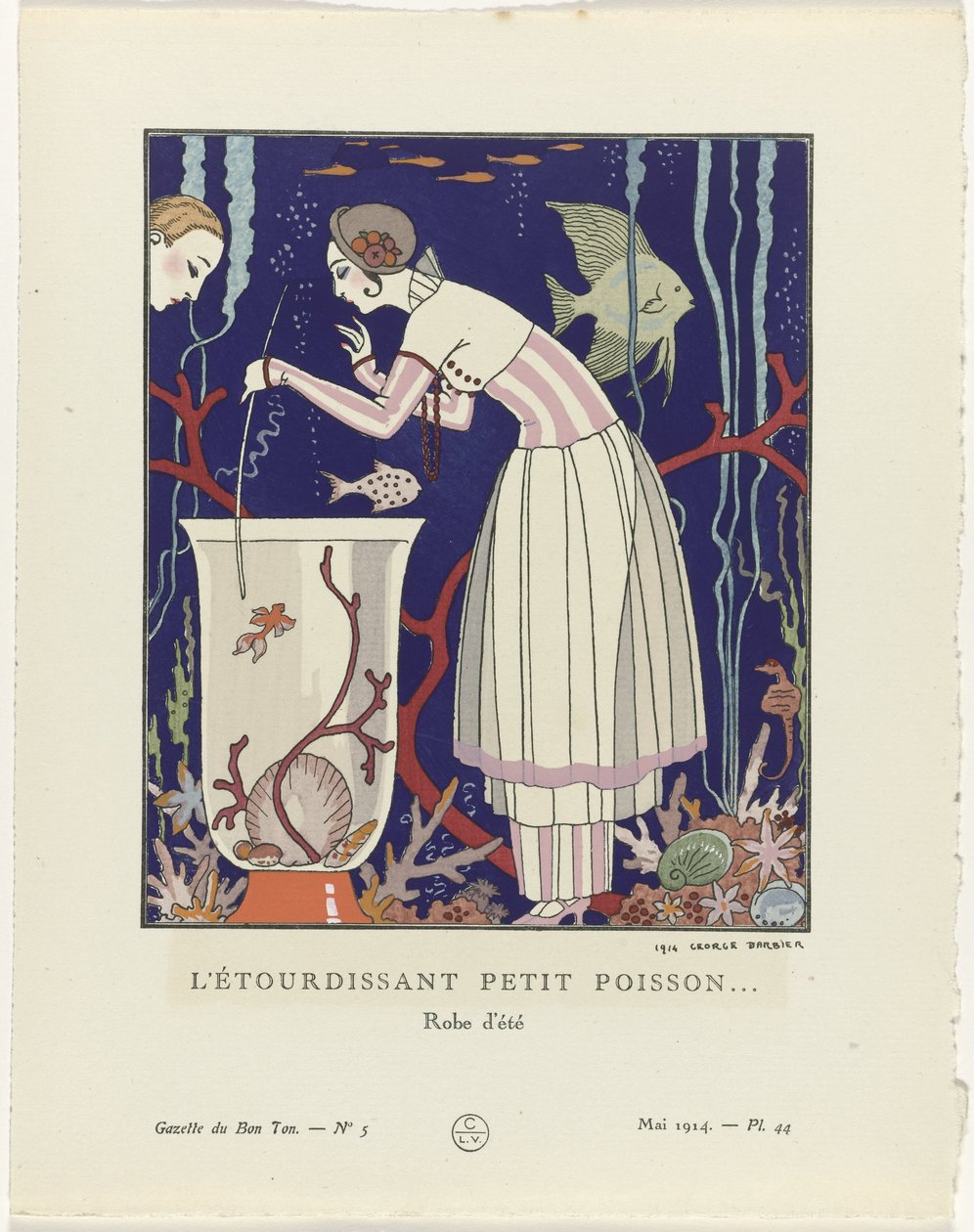 Gazette du Bon Ton, 1914 – č. 5, Pl. 44: Ohromující rybička (...) / Letní šaty (název na objektu) od George Barbier
