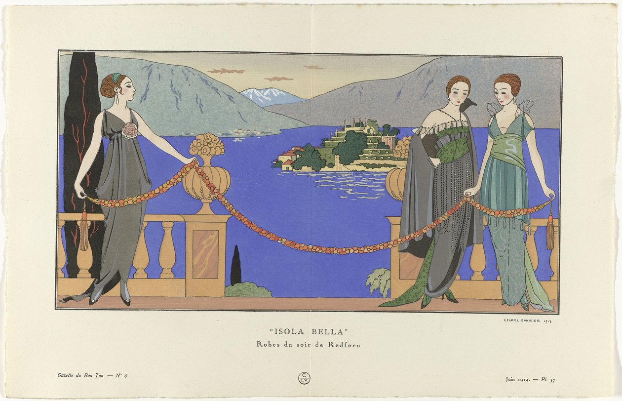 Gazette du Bon Ton, 1914 - č. 6, Pl. 57: Isola Bella/ Večerní šaty od Redferna (název na objektu) od George Barbier