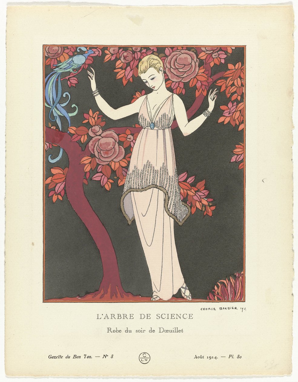 Gazette du Bon Ton 1914, č. 8, Pl. 80: Strom vědy / Doeuilletovy večerní šaty (název na předmětu) od George Barbier