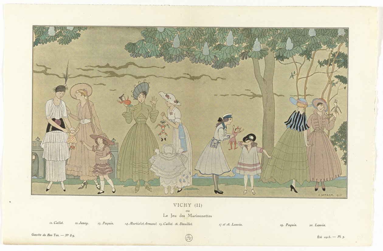 Gazette du Bon Ton, léto 1915 - č. 8-9, Pl. 3: Vichy (II) / nebo / Le Jeu des Marionnettes (název na objektu) od George Barbier