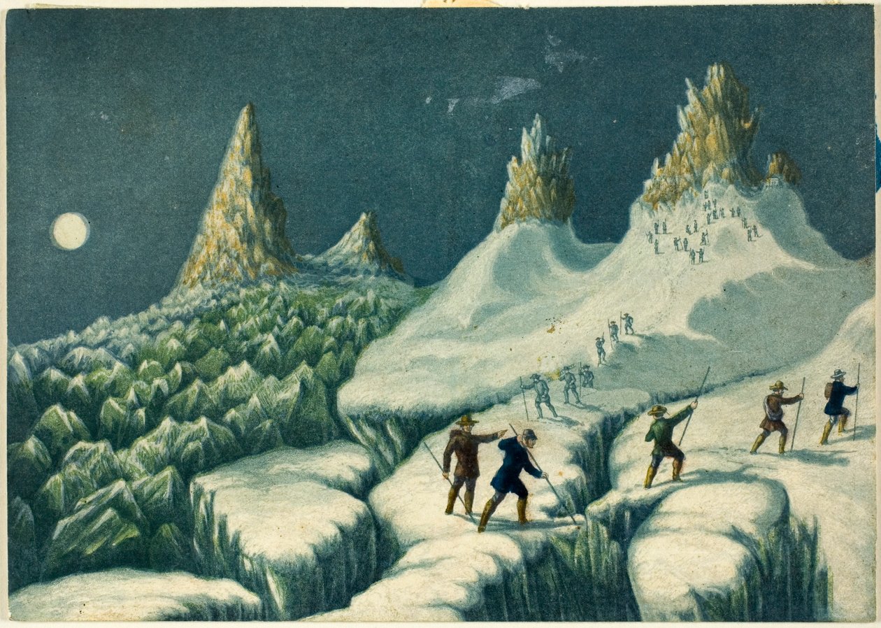 Odchod z Grands Mulets, z "Výstupu na Mont Blanc" od George Baxter